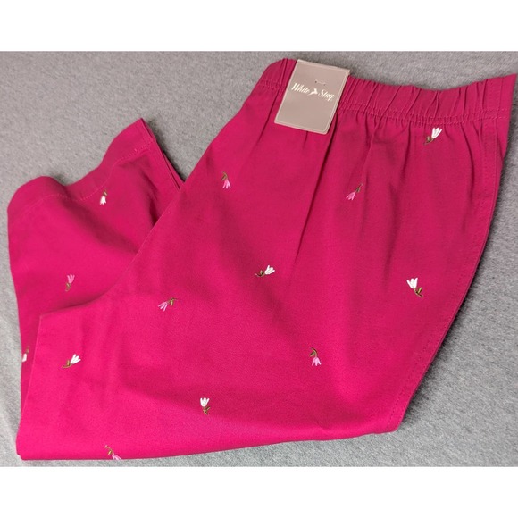 White Stag Capri Pants PLus Size 18 Embroidered Tulips Fushsia Pull ON Stretch - Picture 1 of 9